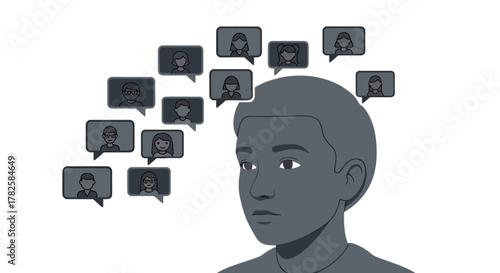 Person thinking about social network connections, visualizing online profiles and social interactions, modern community concept, connecting with people online