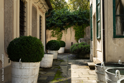 Prague, Czech Republic – August 6, 2025: Small courtyard with planters and stucco facades in the Kolowrat Garden, Prague, Czech Republic