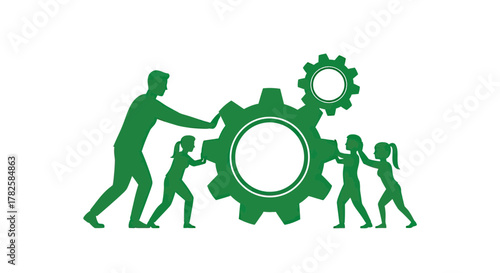 Dynamic team collaborates pushing gears forward symbolizing synergy progress and shared success in modern business operations
