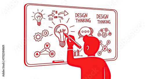 Creative innovator sketches design thinking process on whiteboard, sparking brilliant ideas and solutions for business success.