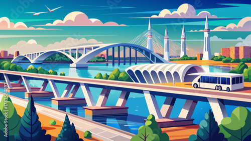 Very beautiful panoramic view of the Woodrow Wilson Bridge at National Harbor, Maryland, USA, spanning the Potomac River, featuring modern bridge architecture, calm river waters, and a realistic sceni