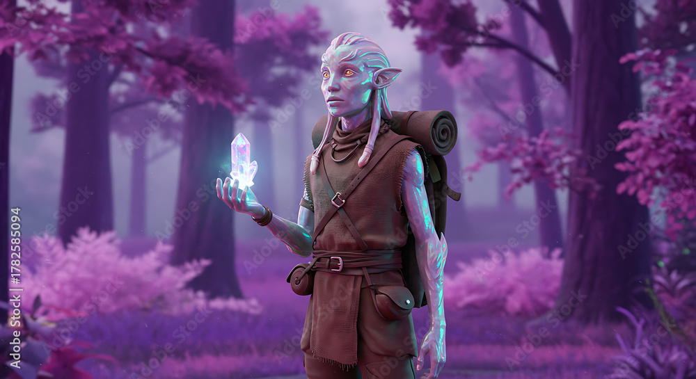 Fototapeta premium Fantasy Elf with Crystal in Magical Forest