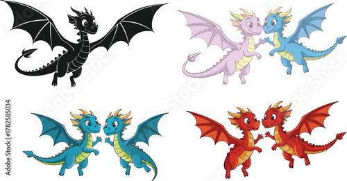 Colorful baby dragons playing together, cute red, blue, pink and black dragons illustration, fantasy cartoon reptile character design art