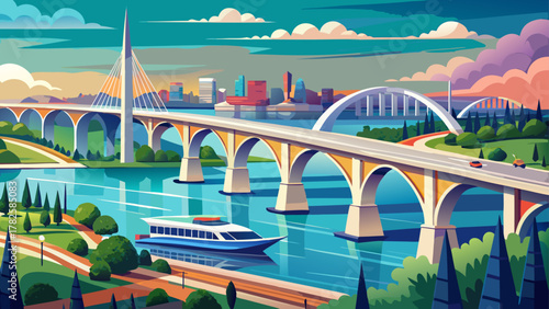 Very beautiful panoramic view of the Woodrow Wilson Bridge at National Harbor, Maryland, USA, spanning the Potomac River, featuring modern bridge architecture, calm river waters, and a realistic sceni