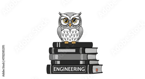 Wise Owl with Glasses Perched on Engineering Books Stack Cartoon Illustration for STEM Education, Mechanical Engineering, Knowledge, Wisdom, Academic Learning, and Technical Study Resources