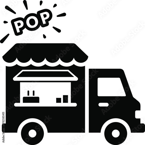 Black and white icon of a popcorn food truck