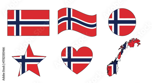 Various representations of the norwegian flag, including a rectangle, waving flag, circle, star, heart, and map shape