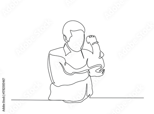Man suffering from elbow joint pain outline draw illustration. Continuous line art drawing of Man having elbow pain soreness from injury. Editable stroke.