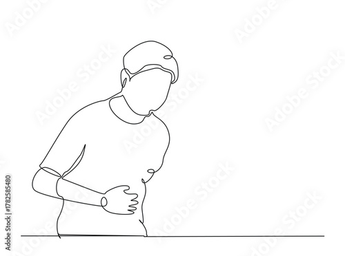 A man holds his stomach with a pained expression outline draw illustration. Continuous line art drawing of Man Suffering From Stomach Ache. Editable stroke.