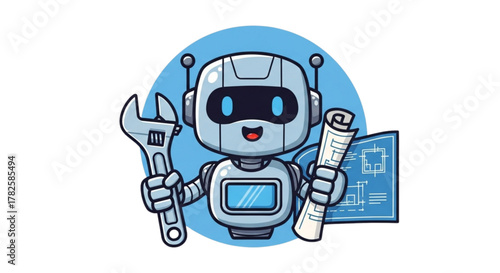 Cute Blue Robot Engineer Holding Wrench and Blueprint Cartoon Illustration for Tech, AI, Robotics, STEM Education, and Engineering Design Projects