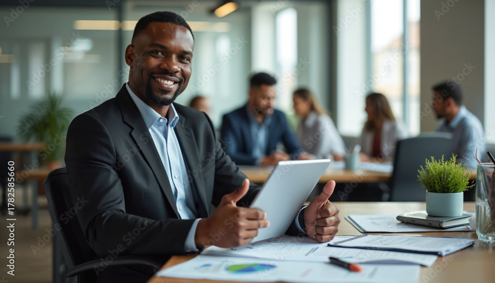 Fototapeta premium African american man smiles holding tablet at modern office desk. Male executive works on laptop with team in background. Successful businessman plans project with digital device.