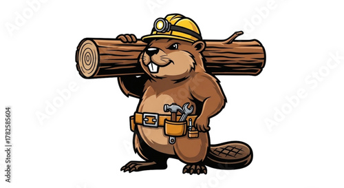 Strong Beaver Builder Carrying Log with Hard Hat, Headlamp, Tool Belt, Hammer, and Wrench Cartoon Illustration for Construction, Woodworking, Civil Engineering, STEM Education, and DIY Projects