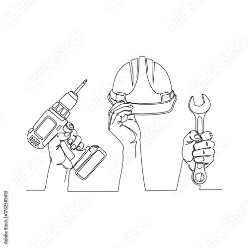 Hands holding construction tools a drill, a hard hat, and a wrench