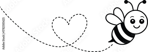 Cute cartoon bee flying and leaving a dotted heart trail
