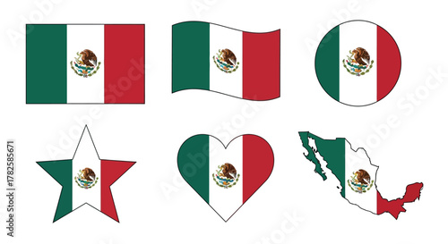 Various representations of the mexican flag, including a standard flag, a waving flag, a circular flag, a starshaped flag, a heartshaped flag, and a map of mexico
