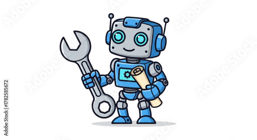 Cute Blue Robot Engineer Holding Wrench and Blueprint Cartoon Illustration for Tech, AI, Robotics, STEM Education, and Engineering Design Projects