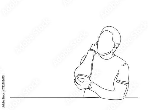 Man suffering from elbow joint pain outline draw illustration. Continuous line art drawing of Man having elbow pain soreness from injury. Editable stroke.
