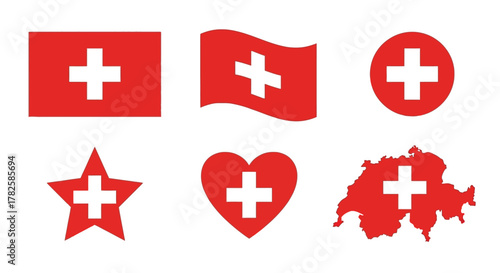 Switzerland flag in different shapes national symbol of switzerland in rectangle, wave, circle, star, heart and map shapes