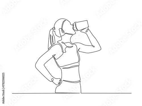 Sporty woman drinking water from the bottle outline draw illustration. Continuous line art drawing of Sporty woman drinking water from the bottle. Editable stroke.