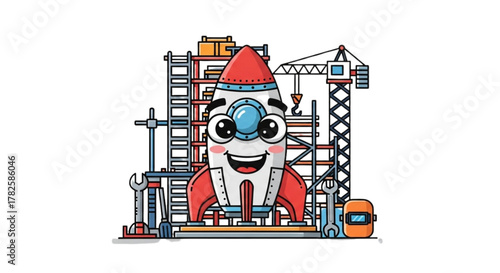 Cute Happy Rocket Under Construction Cartoon Illustration with Scaffolding, Crane, Tools, and Welding for Space Exploration, Aerospace Engineering, STEM Learning, Kids Science, and DIY Rocketry Projec