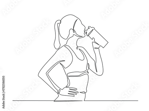 Sporty woman drinking water from the bottle outline draw illustration. Continuous line art drawing of Sporty woman drinking water from the bottle. Editable stroke.