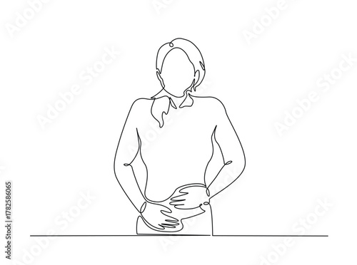 Woman holds his stomach with a pained expression outline draw illustration. Continuous line art drawing of Woman Suffering From Stomach Ache cause menstrual. Editable stroke.