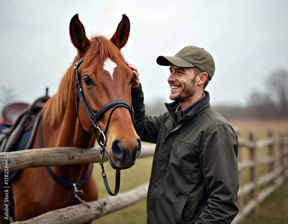 Fototapeta premium Young man smiles petting brown horse near wooden fence. Equestrian bond, rural farm life, man enjoying ranch hobby, outdoor friendship with equine.