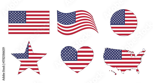 Collection of american flag in various shapes, including rectangle, wave, circle, star, heart and country map