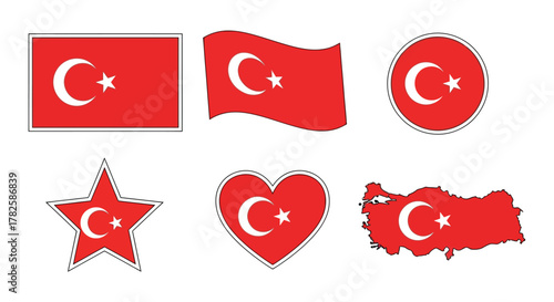 Illustrations of the turkish flag in various shapes, including a rectangle, wave, circle, star, heart, and map