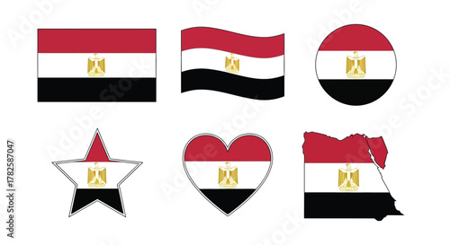 Illustrations of the egyptian flag in various shapes, including a rectangle, wave, circle, star, heart, and map