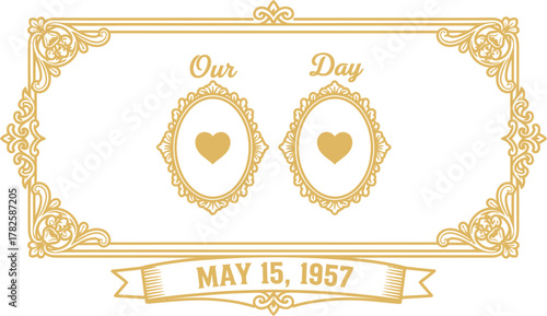 Elegant golden wedding anniversary frame with hearts and date
