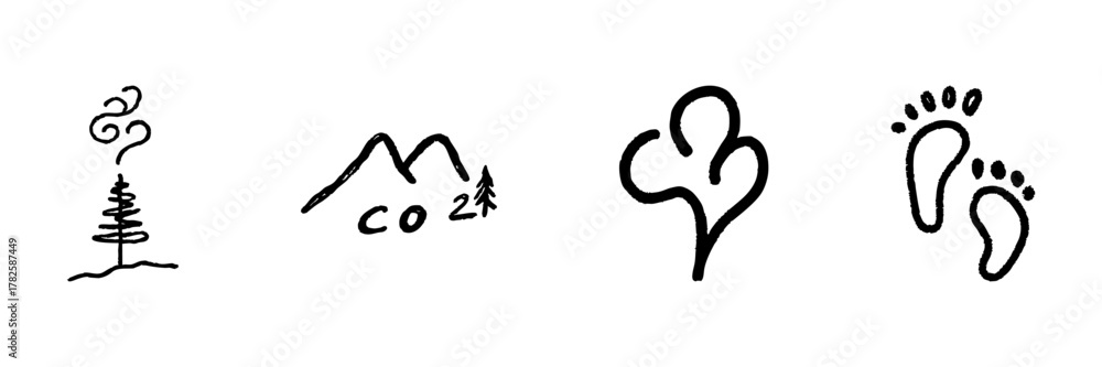 Fototapeta premium Tree, Co2, Heart, And Footprints Line Icon Set In Doodle Style. Environmental Awareness, Carbon Footprint, And Nature Conservation Outline Sketch Collection. Hand Drawn Isolated Vector Illustration