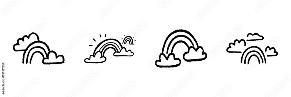 Naklejka premium Rainbows And Clouds Line Icon Set In Doodle Style. Weather, Hope, And Positivity Symbols Outline Sketch Collection. Hand Drawn Isolated Vector Illustration