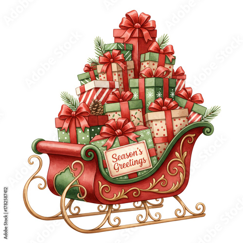 Christmas sleigh overflowing with presents and festive decorations