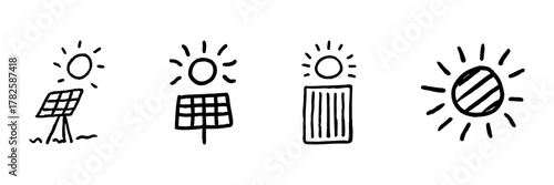 Solar Energy And Sun Line Icon Set In Doodle Style. Renewable Energy, Photovoltaic Panels, And Sustainable Power Generation Outline Sketch Collection. Hand Drawn Isolated Vector Illustration