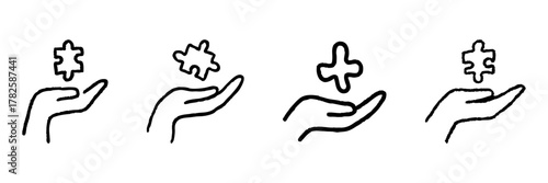 Hand Holding Puzzle Piece Line Icon Set In Doodle Style. Problem Solving, Creativity, And Solution Finding Outline Sketch. Conceptual Design Elements. Hand Drawn Isolated Vector Illustration