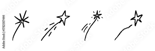 Shooting Star Line Icon Set In Doodle Style. Wish Fulfillment, Inspiration, And Success Symbol Outline Sketch Collection. Celestial And Dreamy Theme. Hand Drawn Isolated Vector Illustration