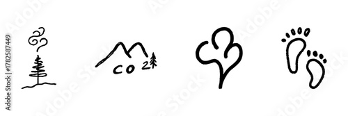 Tree, Co2, Heart, And Footprints Line Icon Set In Doodle Style. Environmental Awareness, Carbon Footprint, And Nature Conservation Outline Sketch Collection. Hand Drawn Isolated Vector Illustration