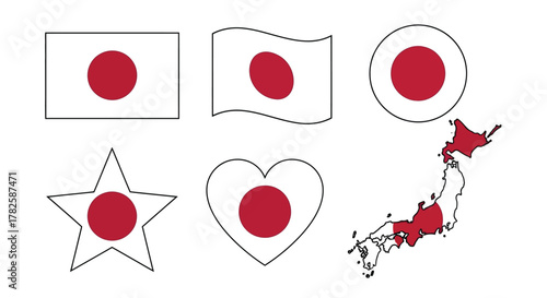 Collection of japanese flag icons in various shapes, national symbol of japan in different designs and representations