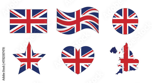 Set of united kingdom flag icons in various shapes, including square, waving, circle, star, heart and map shapes