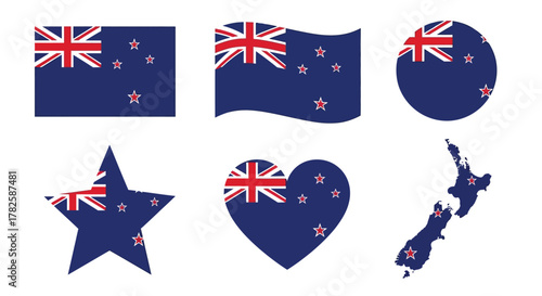 New zealand flag in different shapes national flag in rectangle, wave, circle, star, heart and map shapes vector illustration