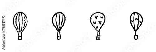 Hot Air Balloon Line Icon Set In Doodle Style. Adventure, Travel, And Exploration Outline Sketch Collection. Hand Drawn Isolated Vector Illustration