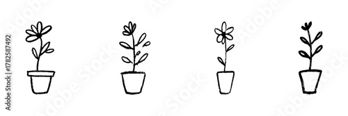Potted Plants Line Icon Set In Doodle Style. Indoor Gardening, Home Decor, And Plant Care Outline Sketch Collection. Hand Drawn Isolated Vector Illustration