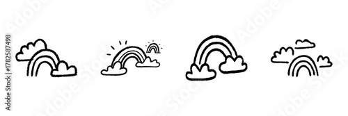 Rainbows And Clouds Line Icon Set In Doodle Style. Weather, Hope, And Positivity Symbols Outline Sketch Collection. Hand Drawn Isolated Vector Illustration