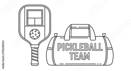 Line art illustration of a pickleball paddle and a duffel bag with 'PICKLEBALL TEAM' text, representing the sport and equipment.