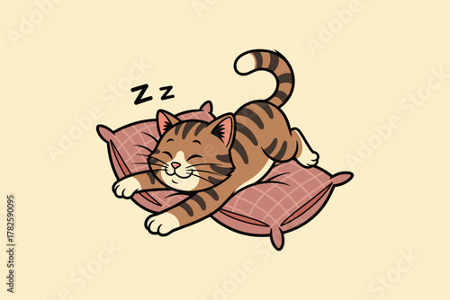 Cute tabby cat stretching and waking up from a nap on soft pillo