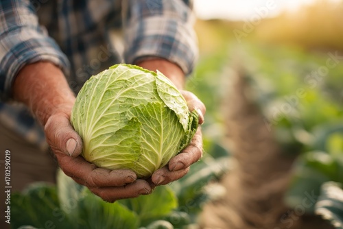 A farmer holds a fresh cabbage in his hands in the field, showcasing the harvest and agricultural practices, with sunlit background in the organic farm.