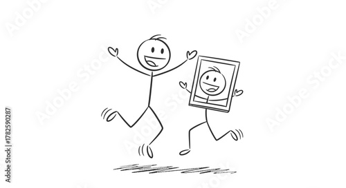 Cartoon illustration of a happy stick figure jumping with a friend whose head is a social media profile picture.