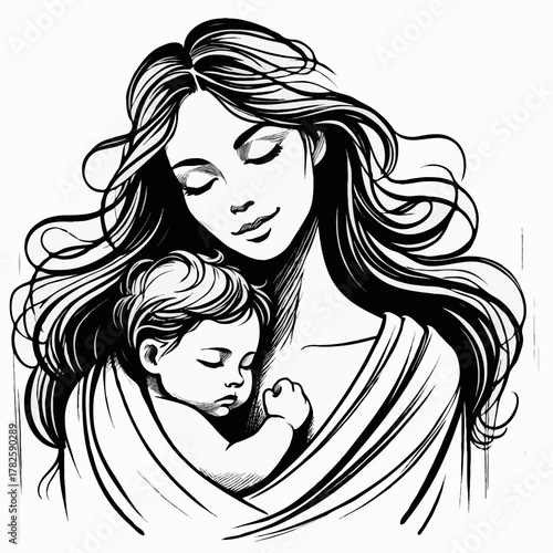 Illustration Pregnant woman silhouettes set, maternity, pregnancy, motherhood concept. Outline Infants Doodle icons drawing, Symbol Mothers with newborns Line art. Moms and Babies Love Collection