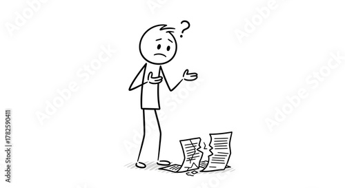 Stick figure confused by torn papers on the floor, expressing uncertainty with a question mark above his head.